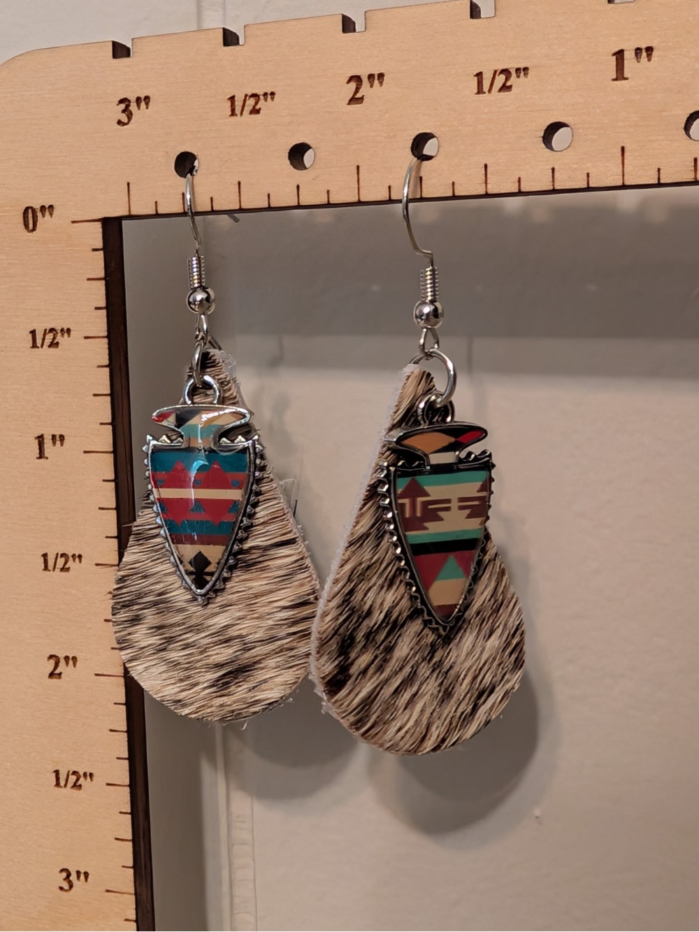Handmade Tribal Teardrop Leather Earrings with Multicolor Aztec Accent